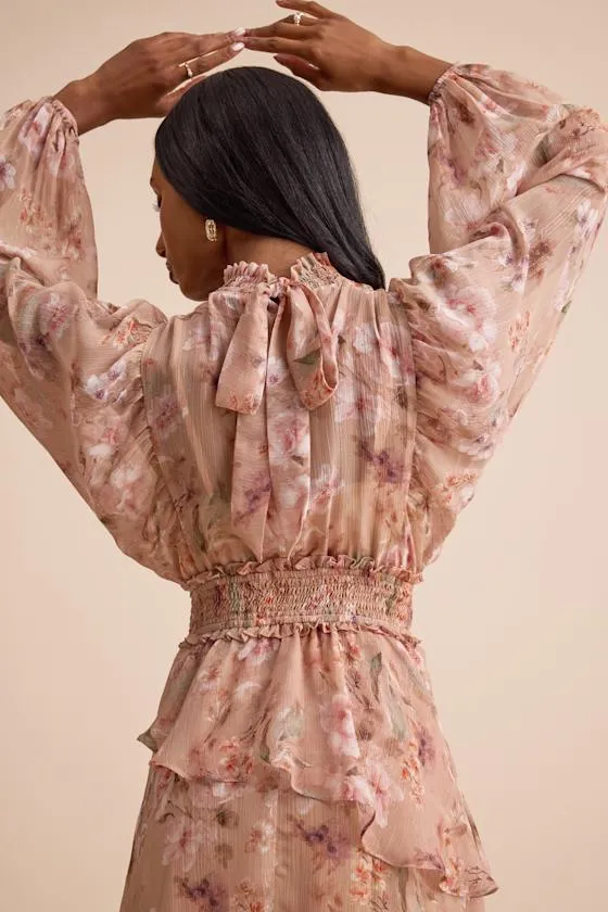Wexler Peach Floral Tiered Mock Neck Long Sleeve Maxi Dress sold by Lulus product image thumbnail 3