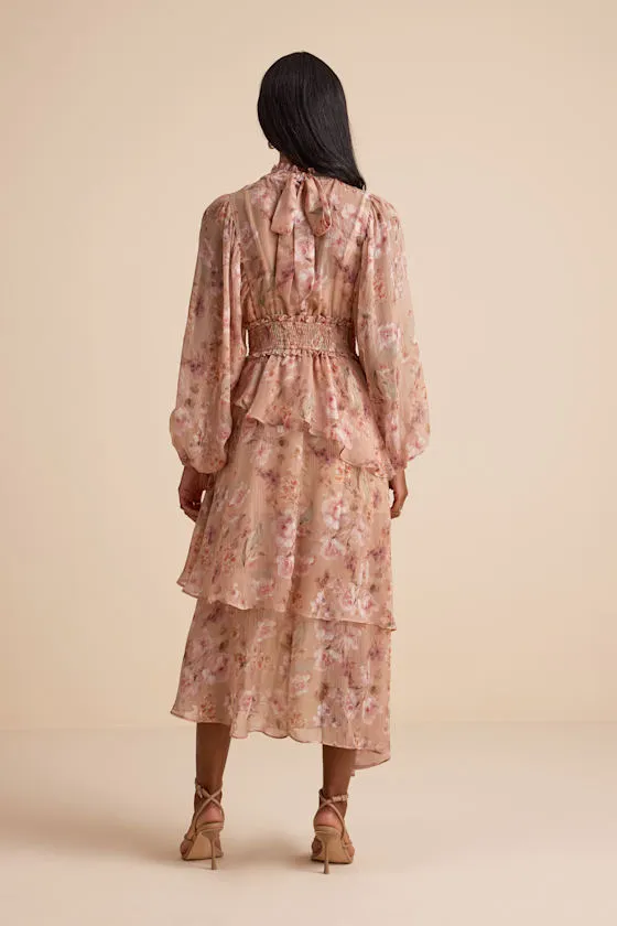 Wexler Peach Floral Tiered Mock Neck Long Sleeve Maxi Dress sold by Lulus product image thumbnail 4