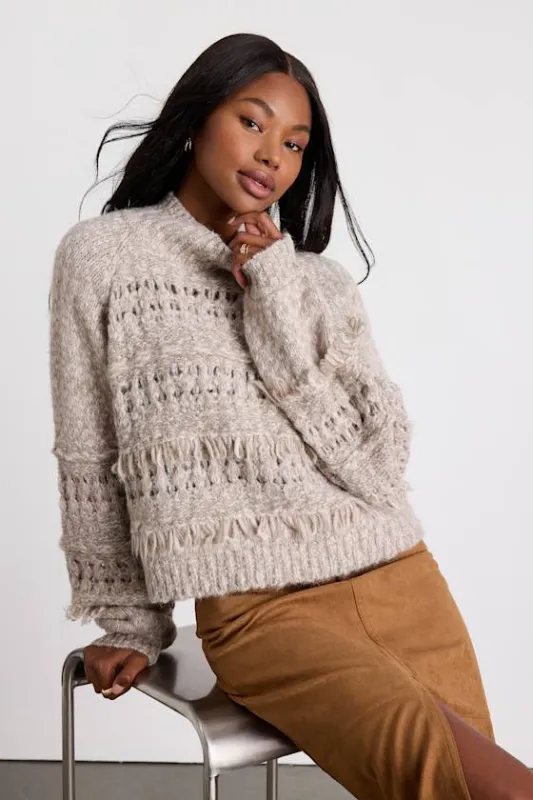 Bellwyn Heather Grey Fringe Chunky Mock Neck Sweater sold by Lulus