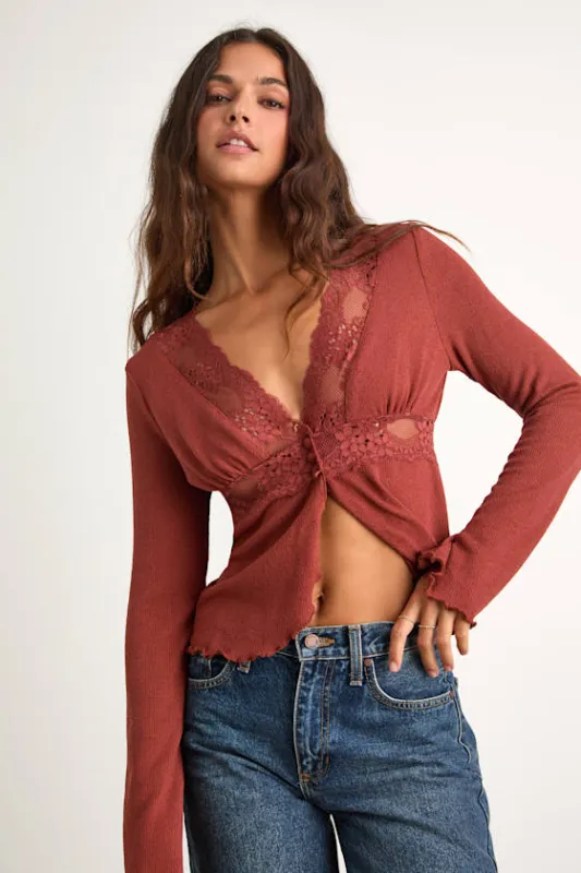 Jordy Rust Red Lace Long Sleeve Sweater Top sold by Lulus
