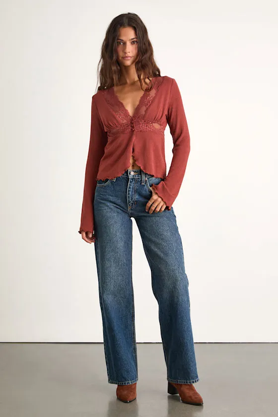 Jordy Rust Red Lace Long Sleeve Sweater Top sold by Lulus product image thumbnail 4