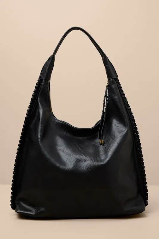 Khina Black Vegan Leather Whipstitched Tote Bag sold by Lulus