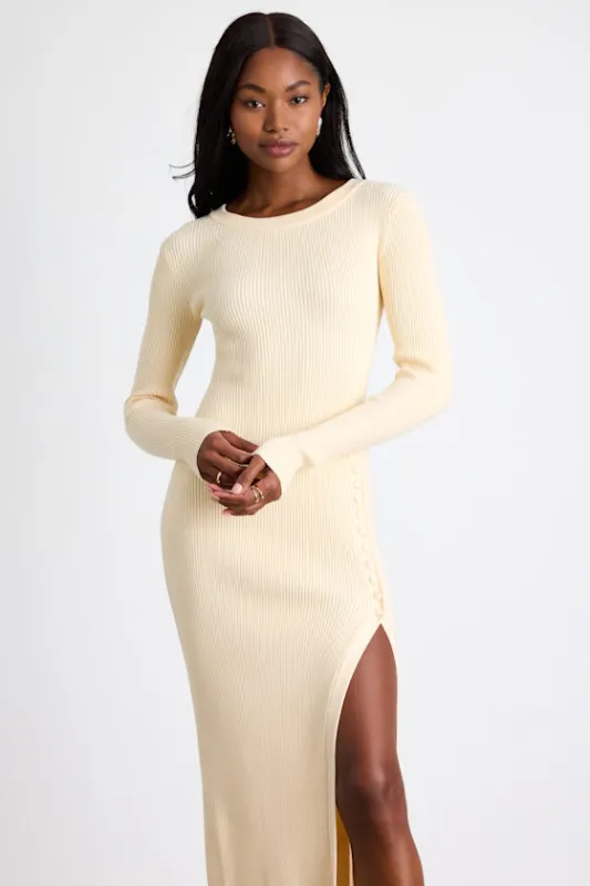Refined Attitude Cream Ribbed Side Button Midi Sweater Dress sold by Lulus