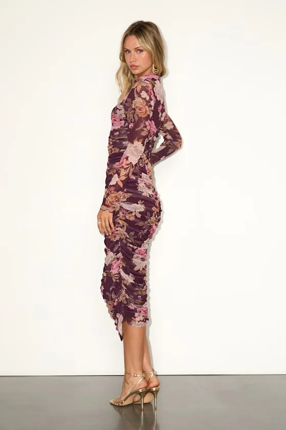 Impressive Flirt Plum Floral Mesh Ruched Mock Neck Midi Dress sold by Lulus product image thumbnail 3