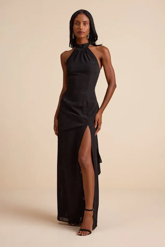 Mikani Black Burnout Halter Maxi Dress sold by Lulus