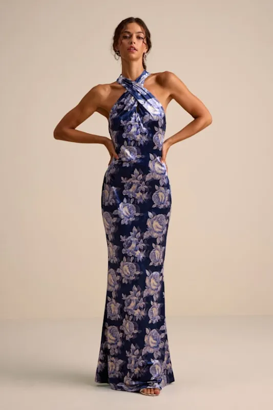 Celestara Navy Floral Velvet Backless Mermaid Maxi Dress sold by Lulus