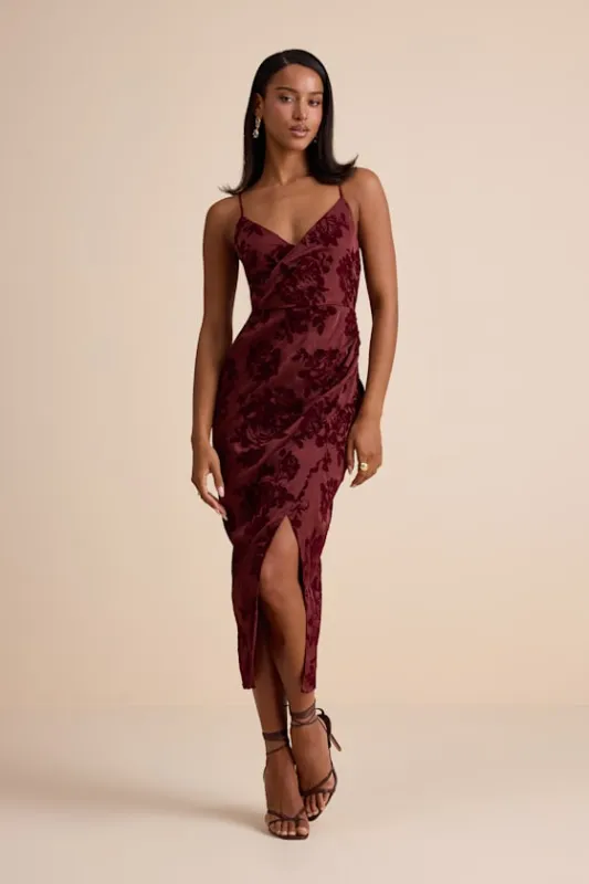 Belden Burgundy Velvet Burnout Surplice Midi Dress sold by Lulus