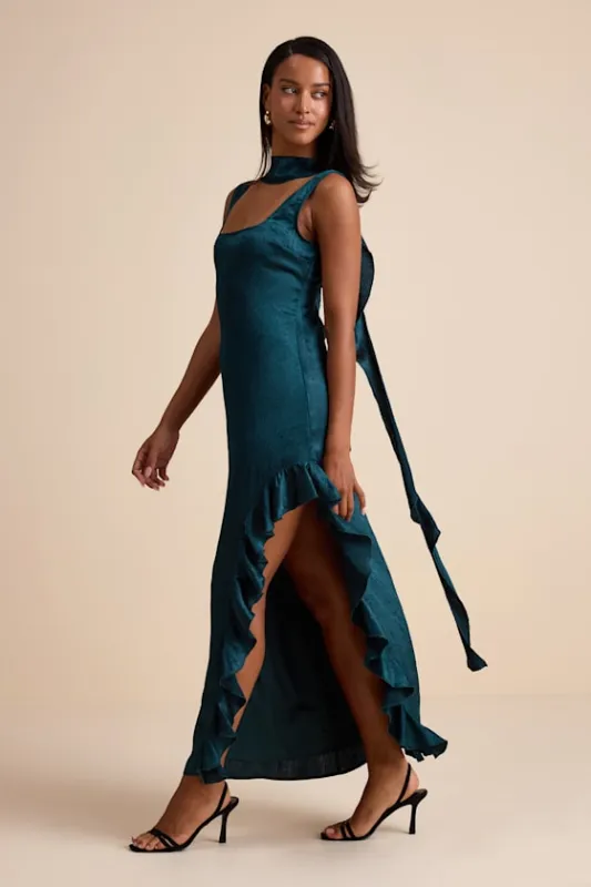 Adelise Teal Green Satin Ruffled Sash Scarf Maxi Dress sold by Lulus