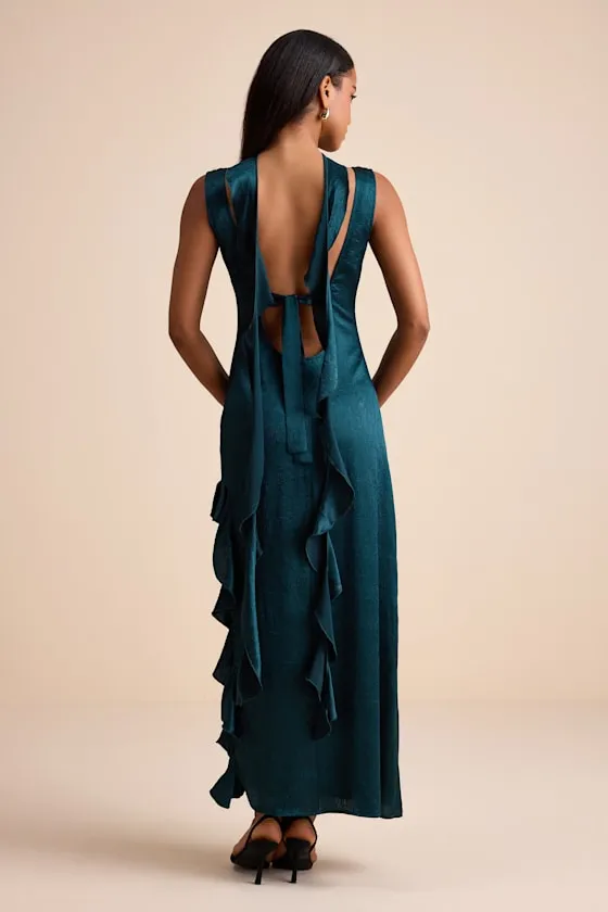 Adelise Teal Green Satin Ruffled Sash Scarf Maxi Dress sold by Lulus product image thumbnail 3