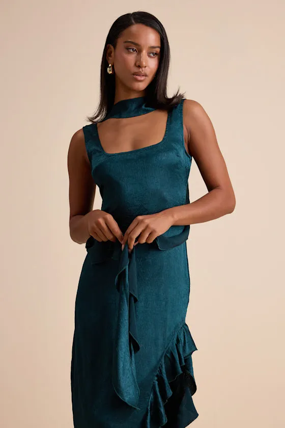 Adelise Teal Green Satin Ruffled Sash Scarf Maxi Dress sold by Lulus product image thumbnail 4