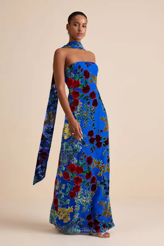 Corelia Blue Floral Velvet Burnout Strapless Sash Maxi Dress sold by Lulus