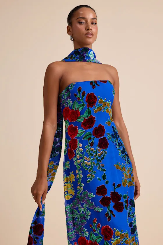 Corelia Blue Floral Velvet Burnout Strapless Sash Maxi Dress sold by Lulus product image thumbnail 2