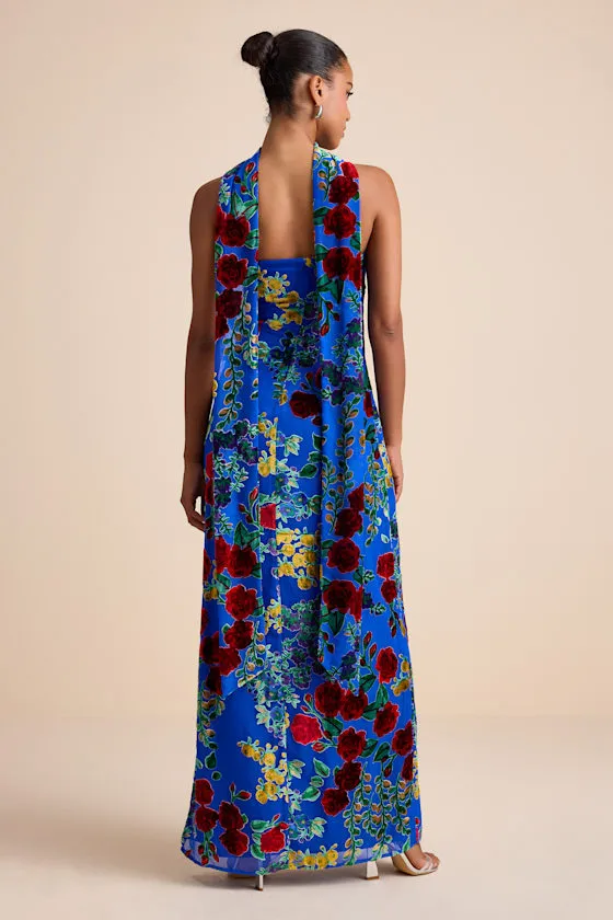 Corelia Blue Floral Velvet Burnout Strapless Sash Maxi Dress sold by Lulus product image thumbnail 3