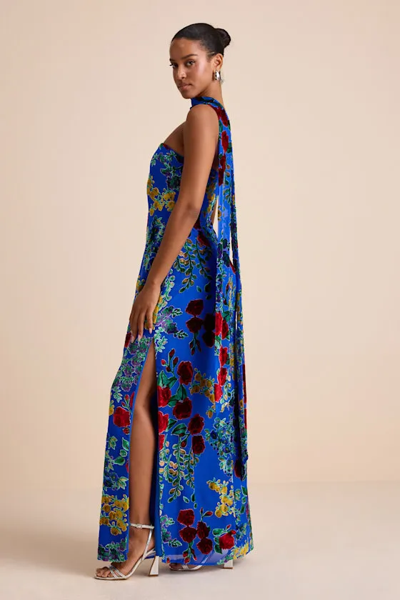 Corelia Blue Floral Velvet Burnout Strapless Sash Maxi Dress sold by Lulus product image thumbnail 4