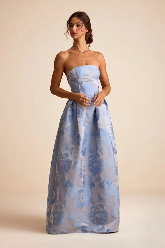 Laurelin Slate Blue Floral Jacquard Pleated Strapless Maxi Dress sold by Lulus