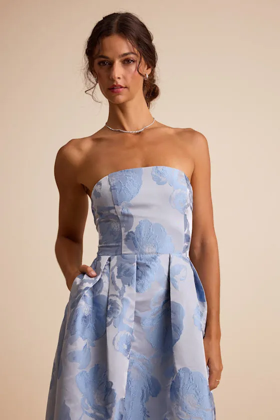 Laurelin Slate Blue Floral Jacquard Pleated Strapless Maxi Dress sold by Lulus product image thumbnail 2