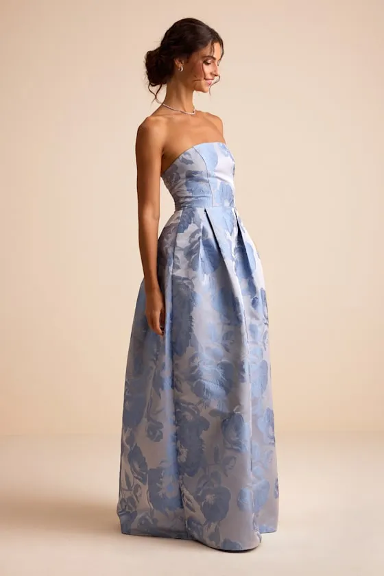 Laurelin Slate Blue Floral Jacquard Pleated Strapless Maxi Dress sold by Lulus product image thumbnail 4