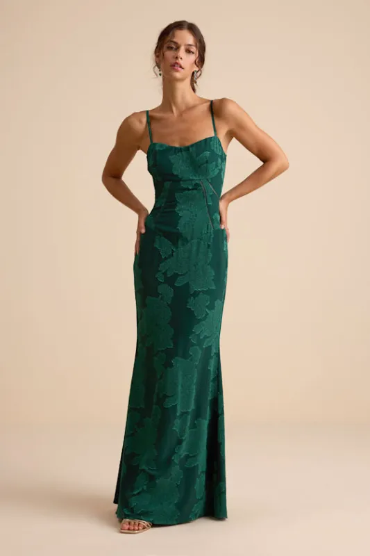 Edwardine Dark Green Burnout Lace-Up Maxi Dress sold by Lulus