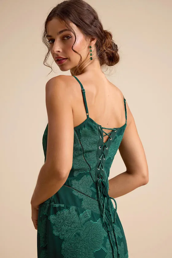 Edwardine Dark Green Burnout Lace-Up Maxi Dress sold by Lulus product image thumbnail 2