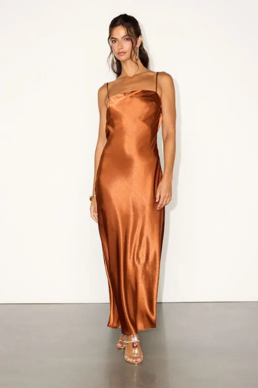 Hartley Copper Satin Tie-Back Maxi Dress made by Lulus