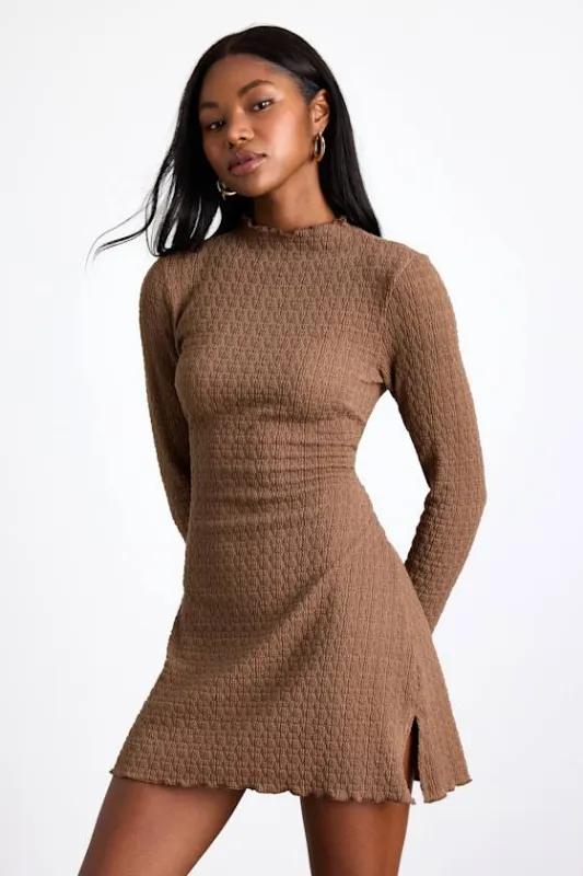 Flattering Forecast Brown Textured Long Sleeve Mini Dress made by Lulus