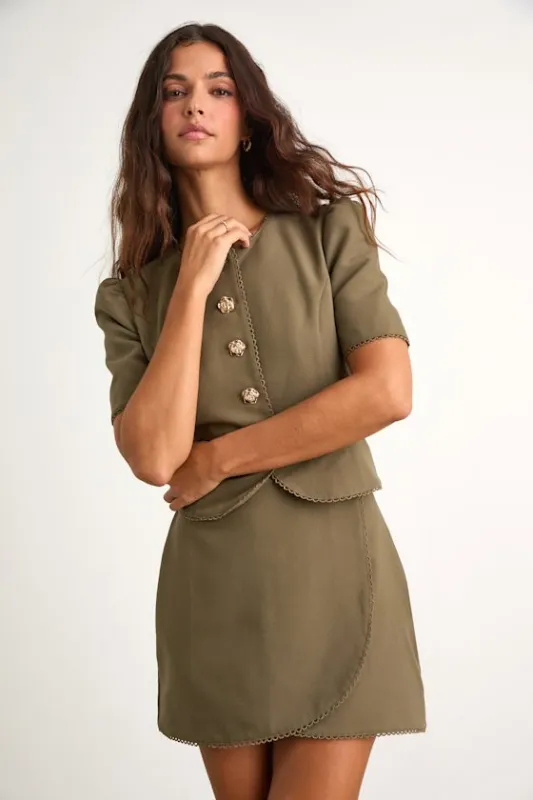 Harla Olive Faux-Wrap Mini Skirt sold by Lulus