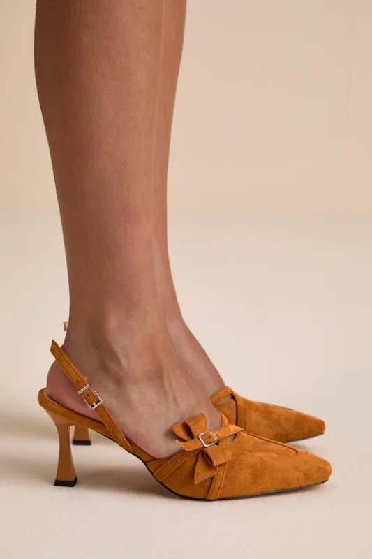 Bow Tan Suede Slingback Pumps sold by Lulus