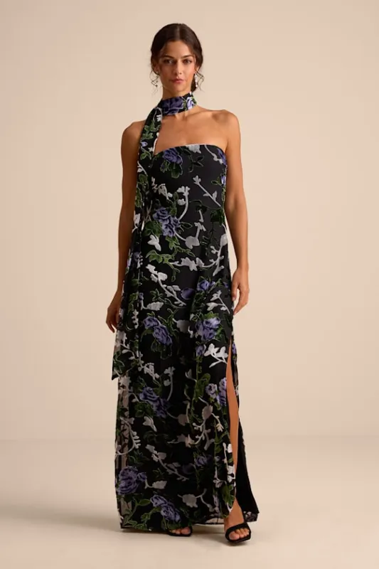 Corelia Black Floral Velvet Burnout Strapless Sash Maxi Dress sold by Lulus