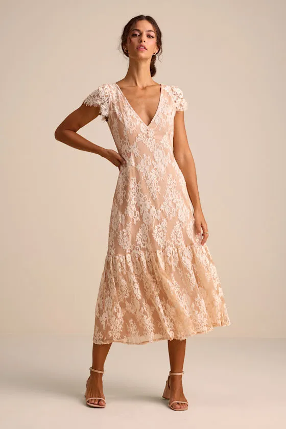 Rohanna Ivory and Blush Lace Short Sleeve Tiered Midi Dress sold by Lulus