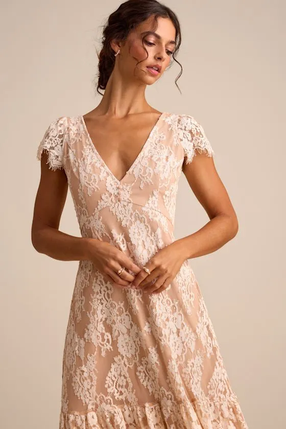 Rohanna Ivory and Blush Lace Short Sleeve Tiered Midi Dress sold by Lulus product image thumbnail 2