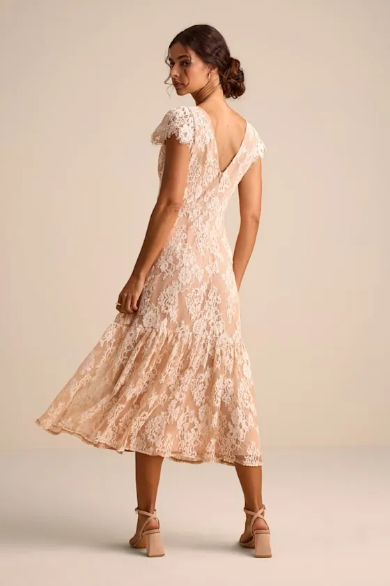 Rohanna Ivory and Blush Lace Short Sleeve Tiered Midi Dress sold by Lulus product image thumbnail 3