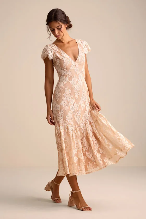 Rohanna Ivory and Blush Lace Short Sleeve Tiered Midi Dress sold by Lulus product image thumbnail 4