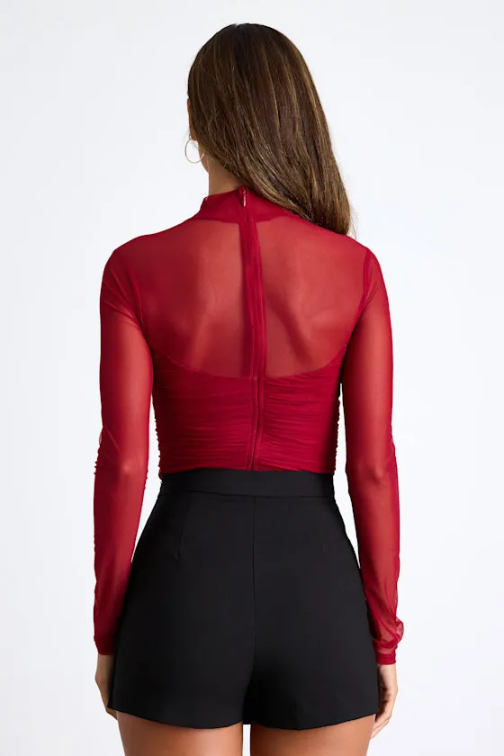 Clearly Alluring Wine Red Mesh Long Sleeve Mock Neck Bodysuit sold by Lulus product image thumbnail 2