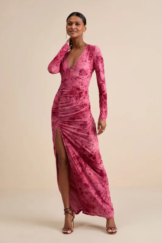 Dynamic Sensation Pink Floral Velvet Burnout Maxi Dress made by Lulus
