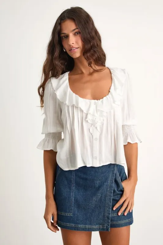 Hermione Ivory Ruffled Button-Front Top sold by Lulus