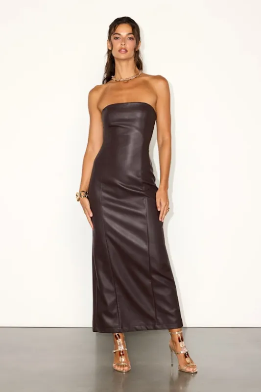 Antionette Dark Brown Vegan Leather Column Maxi Dress made by Lulus