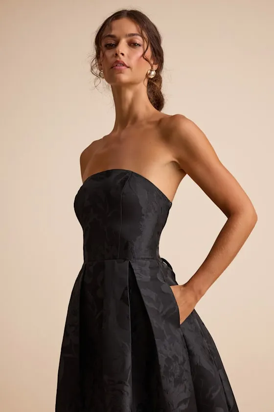 Laurelin Black Floral Jacquard Pleated Strapless Maxi Dress sold by Lulus