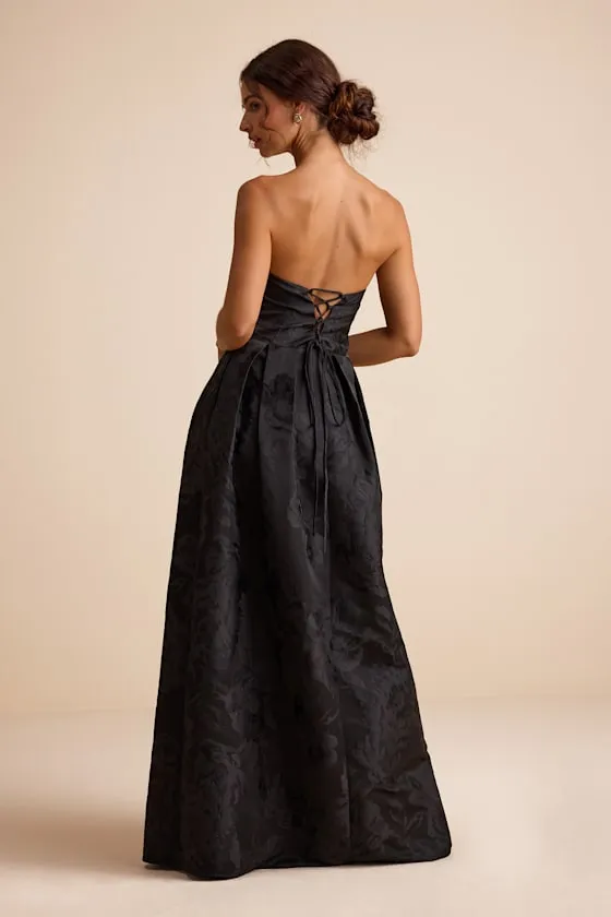 Laurelin Black Floral Jacquard Pleated Strapless Maxi Dress sold by Lulus product image thumbnail 4