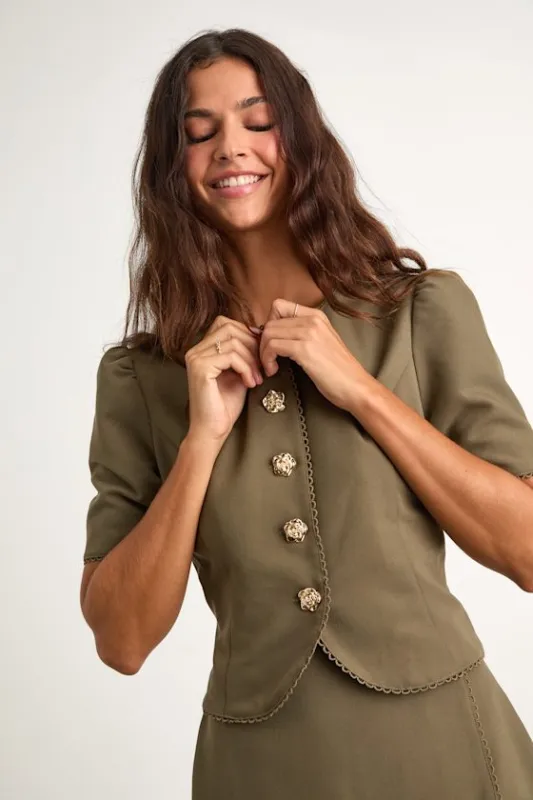 Harla Olive Short Sleeve Button-Front Blazer sold by Lulus