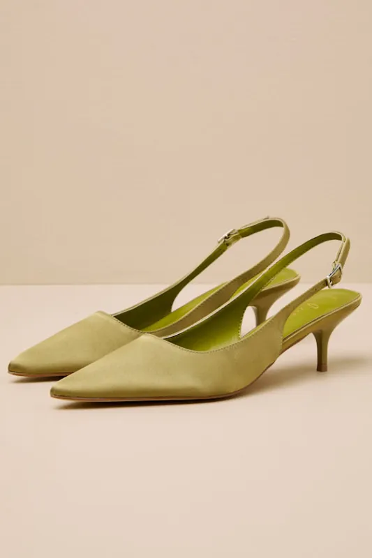 Agnesca Olive Satin Slingback Kitten Heel Pumps sold by Lulus
