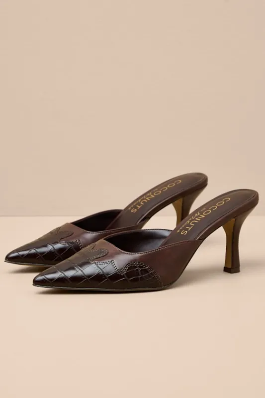 Greer Choco Croc-Embossed Pointed-Toe Mule Pumps sold by Lulus