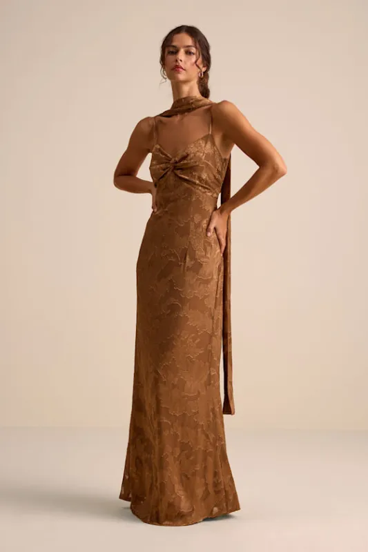 Rashona Light Brown Burnout Sash Scarf Maxi Dress sold by Lulus