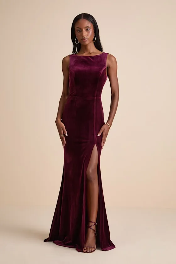 Ravishing Poise Burgundy Velvet Cowl Back Sleeveless Maxi Dress sold by Lulus