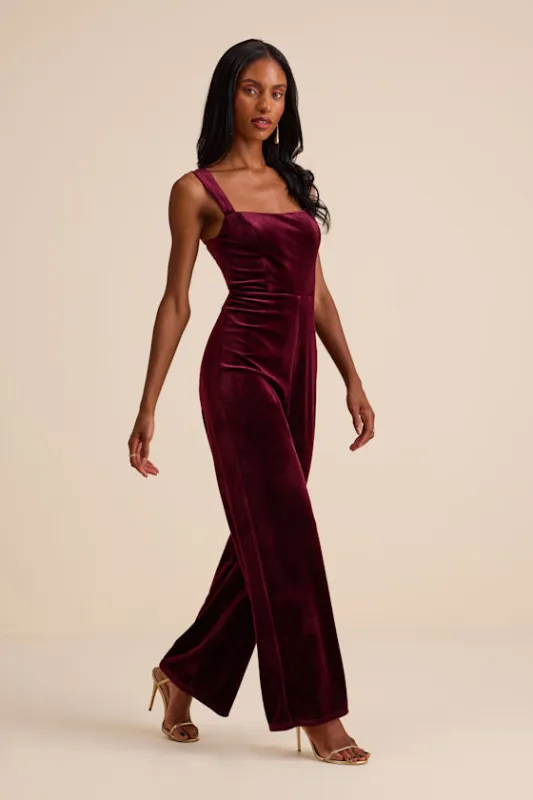 Sayana Burgundy Velvet Sleeveless Straight Leg Jumpsuit sold by Lulus