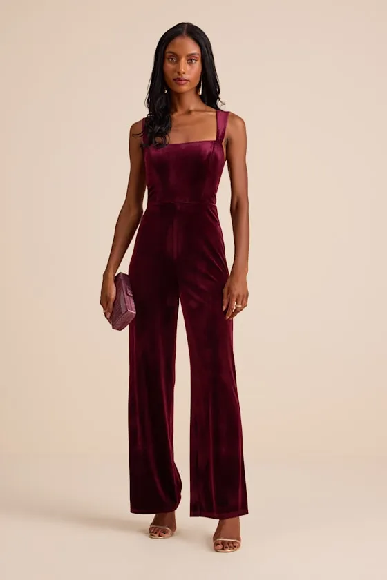 Sayana Burgundy Velvet Sleeveless Straight Leg Jumpsuit sold by Lulus product image thumbnail 3