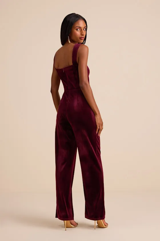 Sayana Burgundy Velvet Sleeveless Straight Leg Jumpsuit sold by Lulus product image thumbnail 4