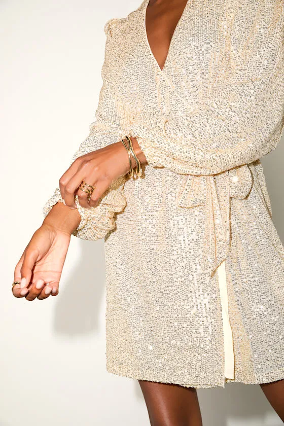 Sparkly Darling Gold Sequin Long Sleeve Wrap Dress sold by Lulus product image thumbnail 4