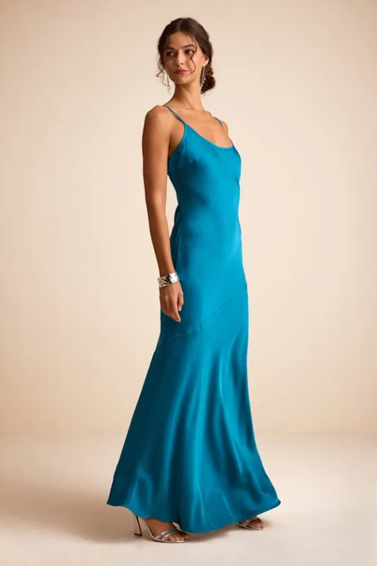 Riyona Aqua Blue Satin Seamed Sleeveless Maxi Dress sold by Lulus