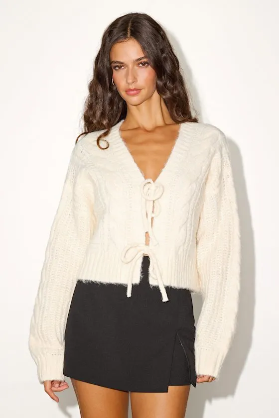 Khailyn Ivory Cable Knit Tie-Front Cardigan Sweater sold by Lulus