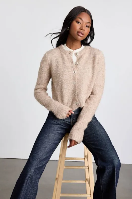 Lovette Beige Boucle Button-Front Cropped Cardigan Sweater sold by Lulus